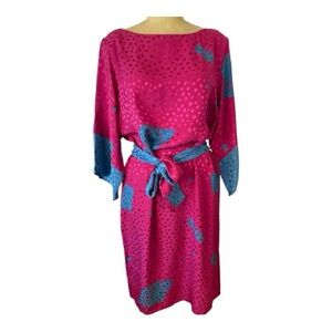 Vintage 80’s AP LTD SILK Pink and Blue Patterned Midi Dress w/ 3/4 sleeves